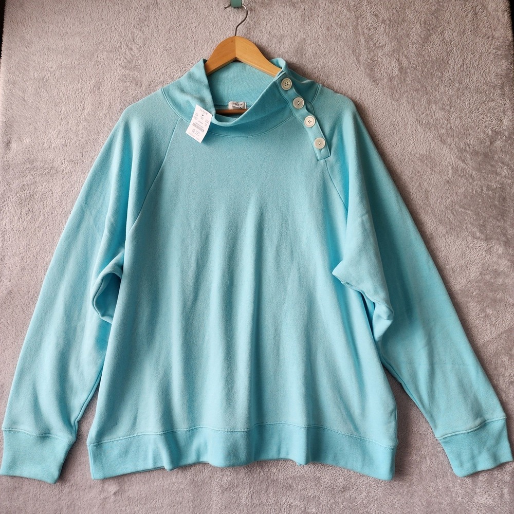 J.Crew Sweatshirt Womens 2X Teal Button Shoulder Cloud Super Soft Fleece NWT